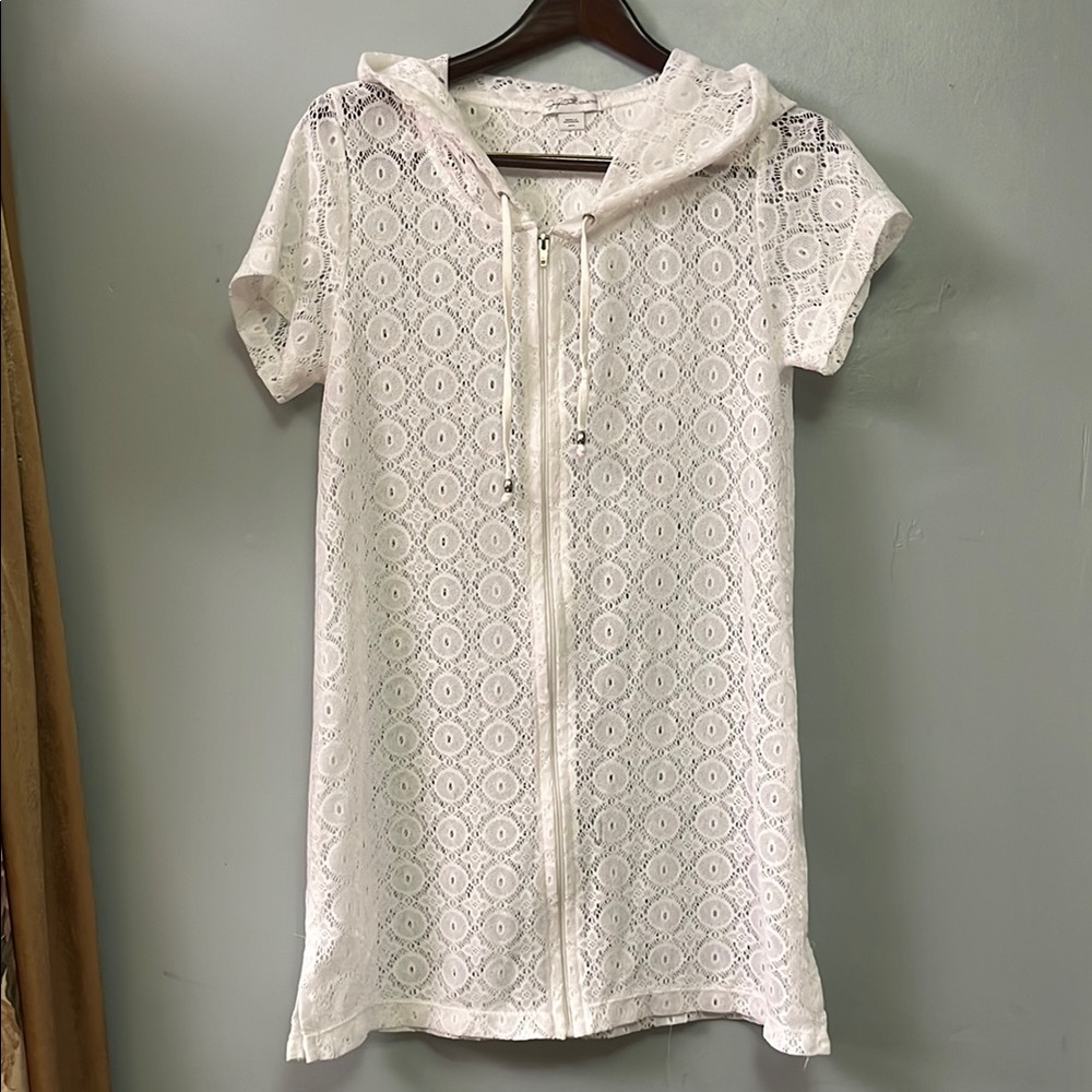 White Crochet Swim Coverup with Hood